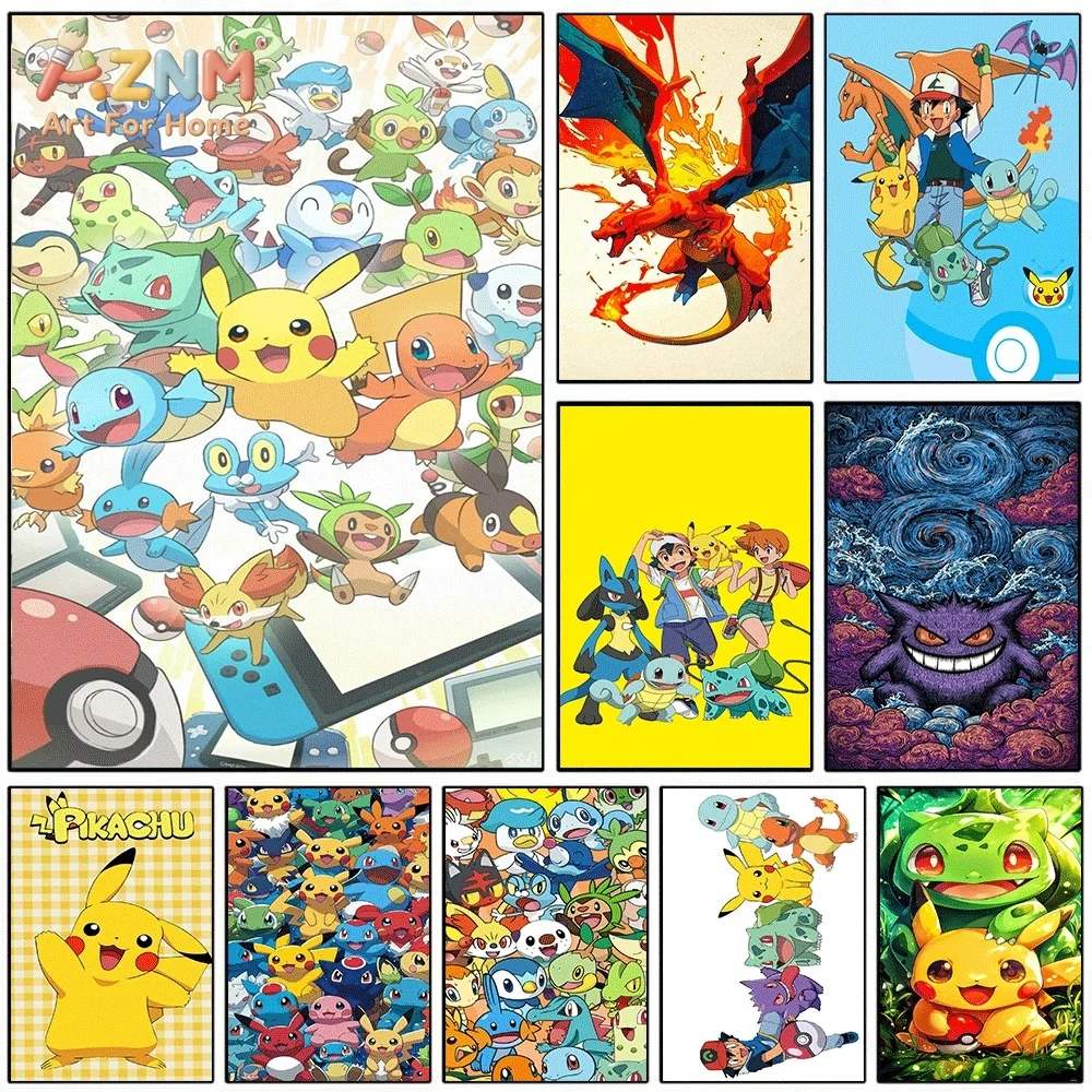 AZNM Diverse Pokemon Characters Game Console Themed Anime Canvas Wall Print, Game Art Poster, Unframed Canvas Painting for Kid