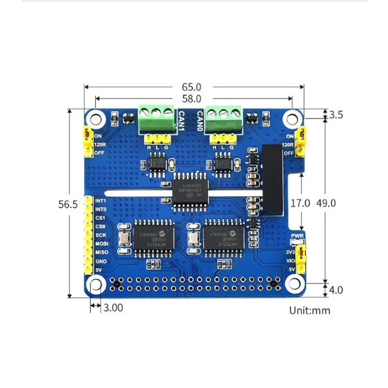 2-Channel Isolated CAN Expansion HAT,For Raspberry Pi,MCP2515 + SN65HVD230 Dual Chips Solution, Multi Onboard Protection