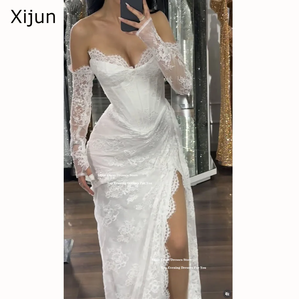 Xijun Luxe Ivoor Kant Trouwjurken Sweetheart Hoge Split Formele Galajurken Bloemen Bruidsjurken Met Mouwen Aangepast