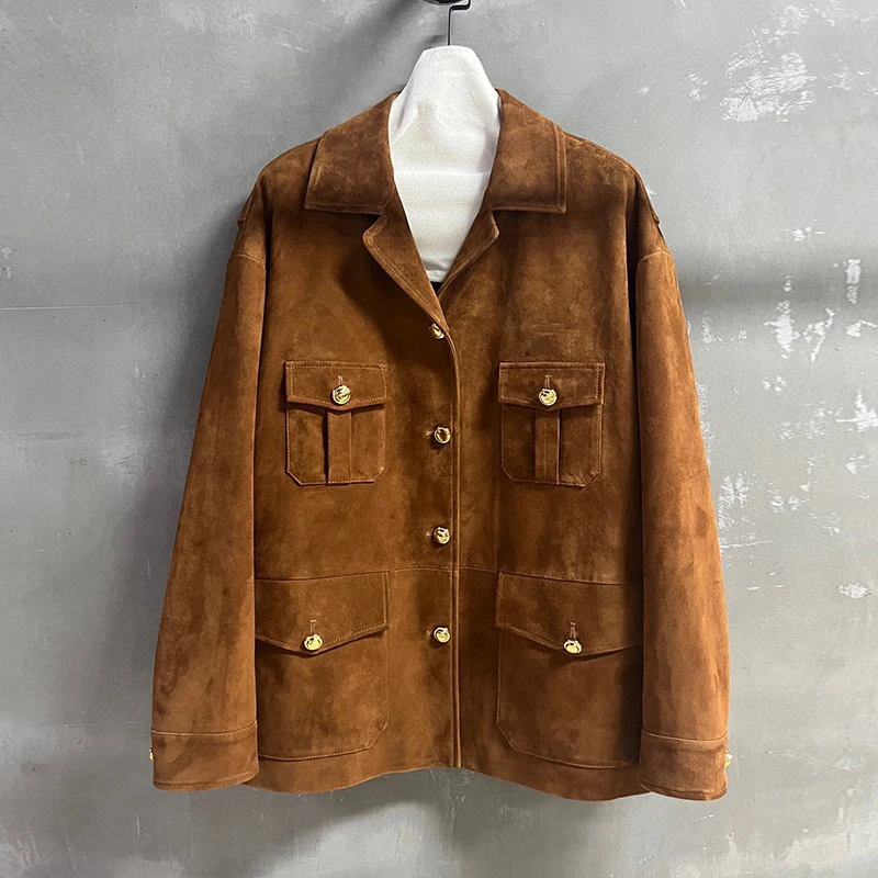 

Роскошный импортный детский замшевый женский пиджак из натуральной кожи, классический пиджак с лацканами и женскими карманами, повседневный свободный пиджак из овчины, пальто