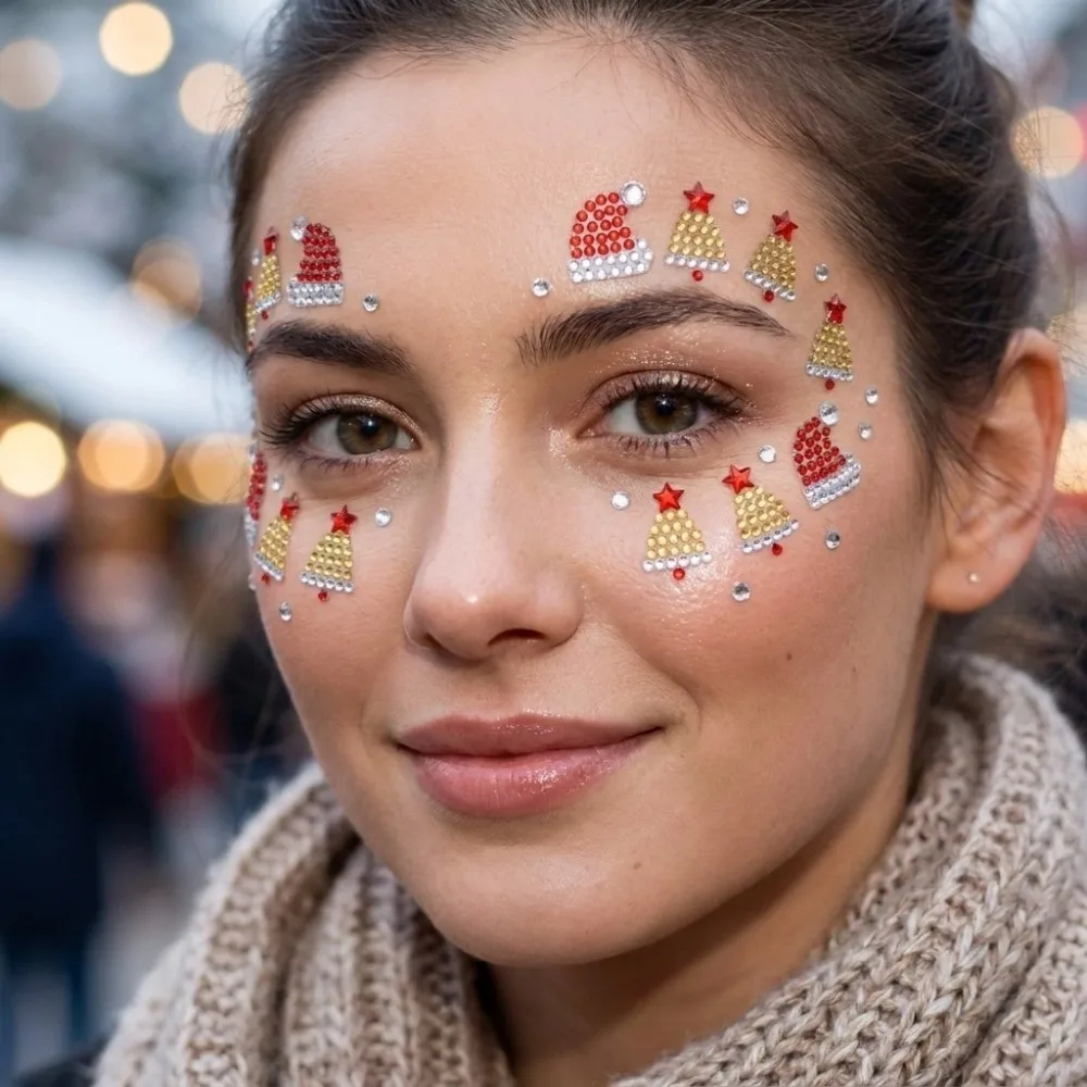 4Pcs Self-Adhesive Christmas Face Gem Sticker Set Xmas Tree Snowflake Rhinestone Eye Body Decals Multi-Size Sock Patterns