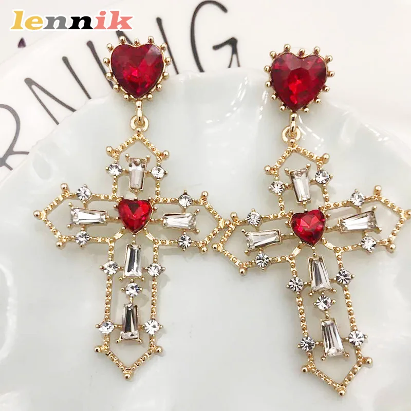 LENNIK Baroque Crystal Heart Cross Earrings, Retro Palace Style Red Heart Hollow Clip-on Studs, Vintage Jewelry for Girls