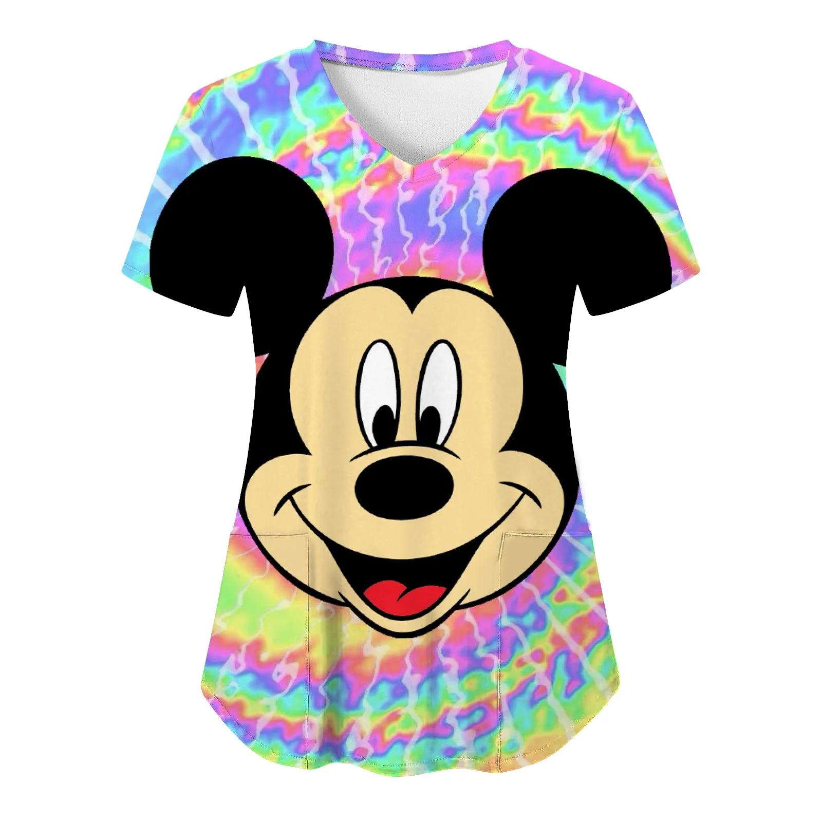 T-shirt à col en V Disney pour femme, haut d'infirmière, uniforme d'infirmière, vêtements de poche, t-shirts d'hôpital, Y-Minnie