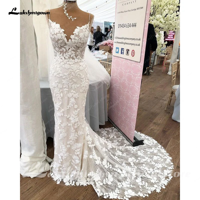 Vestido de novia de sirena de encaje con tirantes finos Vintage, Vestido personalizado con espalda descubierta, vestidos de novia bohemios sexis Lakshmigown