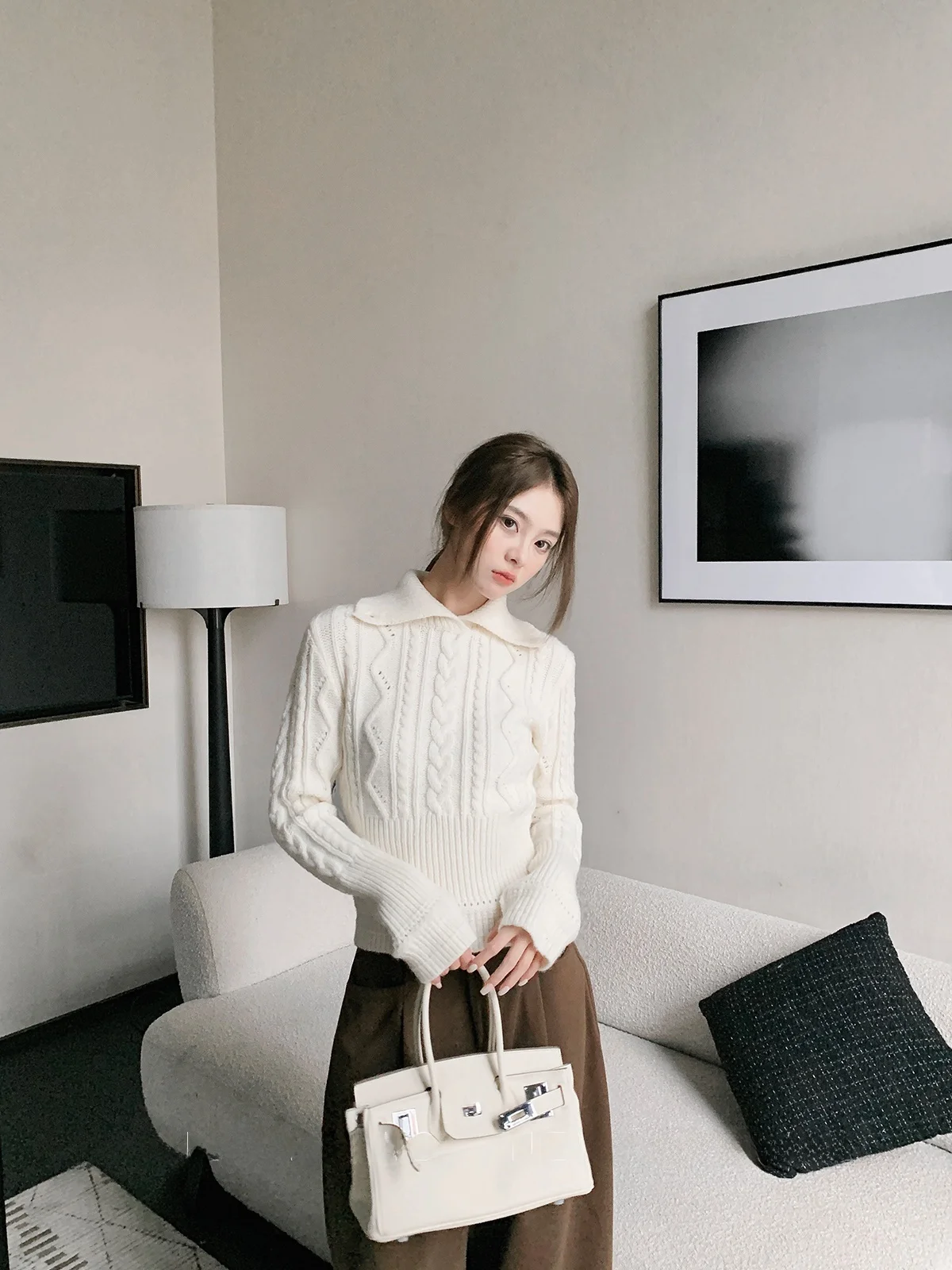 

Fce Thiened Women's Knitted Sweater Collar Waist-Cinching Warmth Autumn Winter New Arrival Bubble Yang