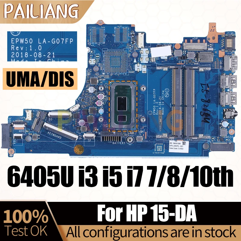 EPW50 LA-G07FP For HP 15-DA Notebook Mainboard  5405U 6405U i3 i5 i7 7/8/10th Gen L52746-601  Laptop Motherboard Full Test