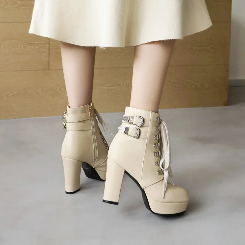 Winter Pink White Red Platform Ankle Boots Women High Chunky Heel Party Dress Lady Buckle Zipper Platform Short Motorcycle Boots