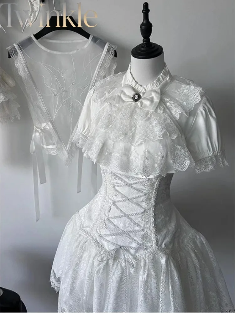 Gothic Lolita Outfit Women White Blouse Pleated Mini Skirt Cinched Waist Japanese Alternative Fashion Two Piece Set