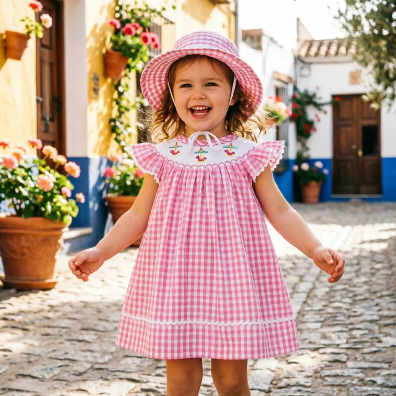 Summer Spanish Style Girls Dress Pink Plaid Smocked Cute Embroidery Cotton Flutter Sleeve Princess Dress Toddler Casual Wear