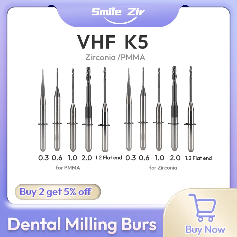 VHF K5 Dental Milling Burs for Zirconia PMMA DC NC Grinding Diamond Coating D3 Dental Lab Grinding CAD CAM Milling Drills