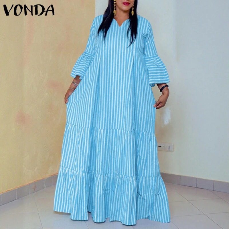 

Женское платье VONDA больших размеров 5XL, летнее, в полоску, с расклешенными рукавами, длинное макси, повседневное, оверсайз, с рюшами, с принтом, для вечеринок