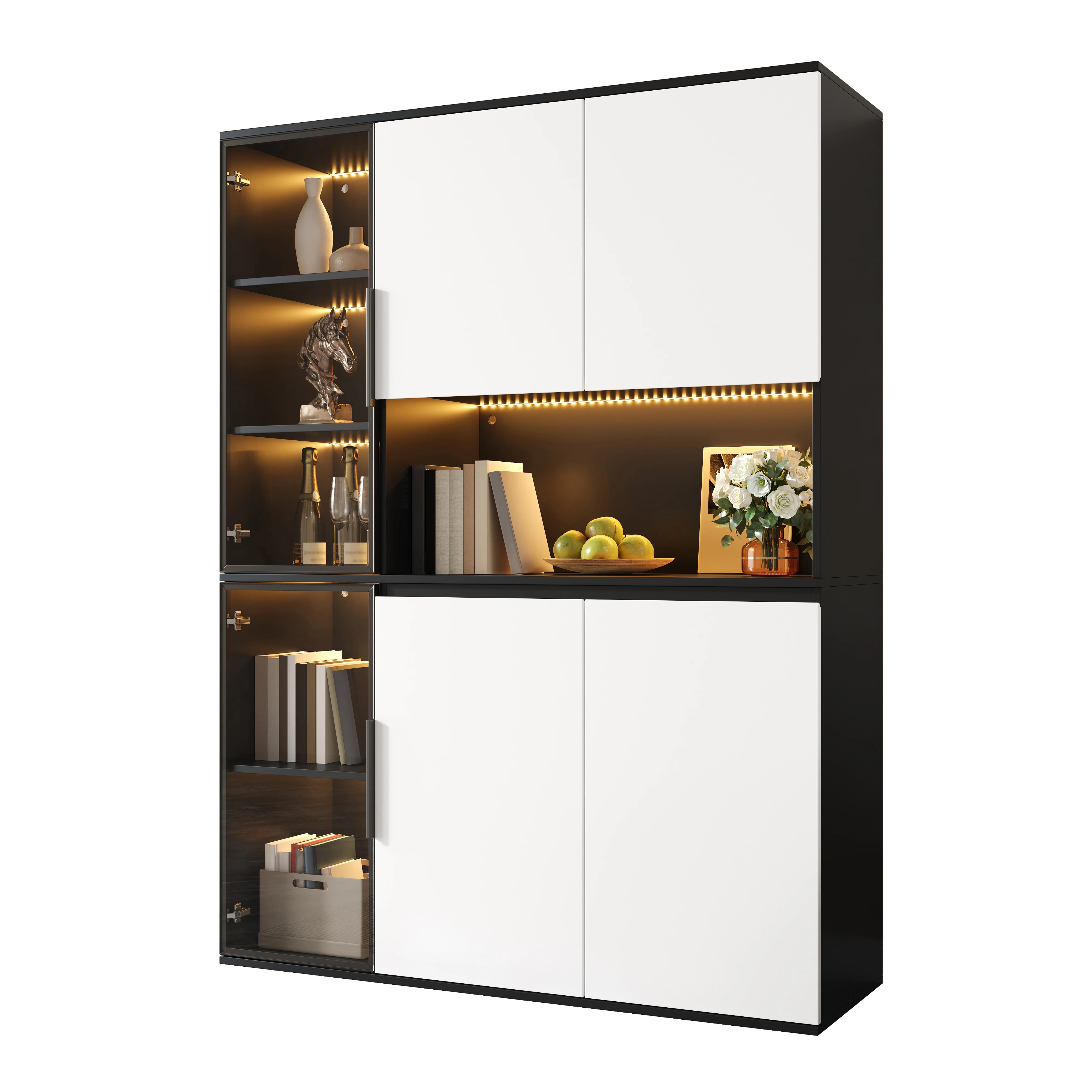 Vitrine haute moderne noir-blanc avec portes en verre, éclairage LED, corps en MDF, rangement spacieux pour salle à manger, salon, exposition