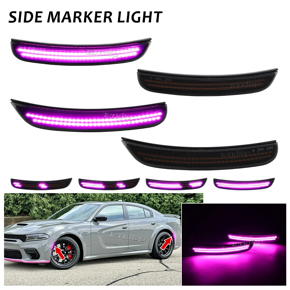 For Dodge Charger 2015 2016 2017 2018 2019 2020 2021 2022 2023 Smoked Lens Dynamic Pink Purple LED Front Rear Side Marker Light