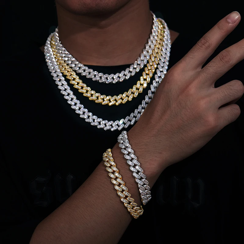 Sale Hot Rapper's Hip Hop Jewelry 12mm 925 Sterling Silver VVS Baguette Moissanite Diamond Iced Out Cuban Link Chain Necklace.