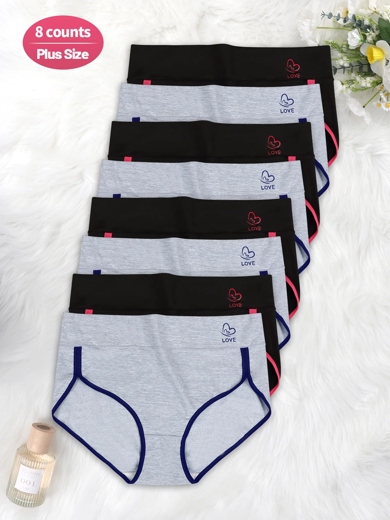 

8 Pack of Large Size Underwear, Women's Underwear, Mid-Waist Underwear, Comfortable, Contrasting Colors, Tummy Control Waistband