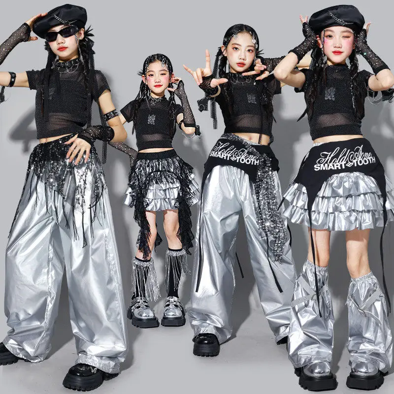 2026 Kpop Dance Costume Children Jazz Stage Outfit Black Silver Dance Performance Suit Crop Top Loose Trousers Streetwear 3484