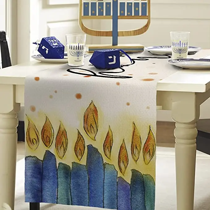 Hanukkah Decor Watercolor Candle Flame Passover Table Runner Jewish Menorah Vintage Decor Party Dinner Table Runner