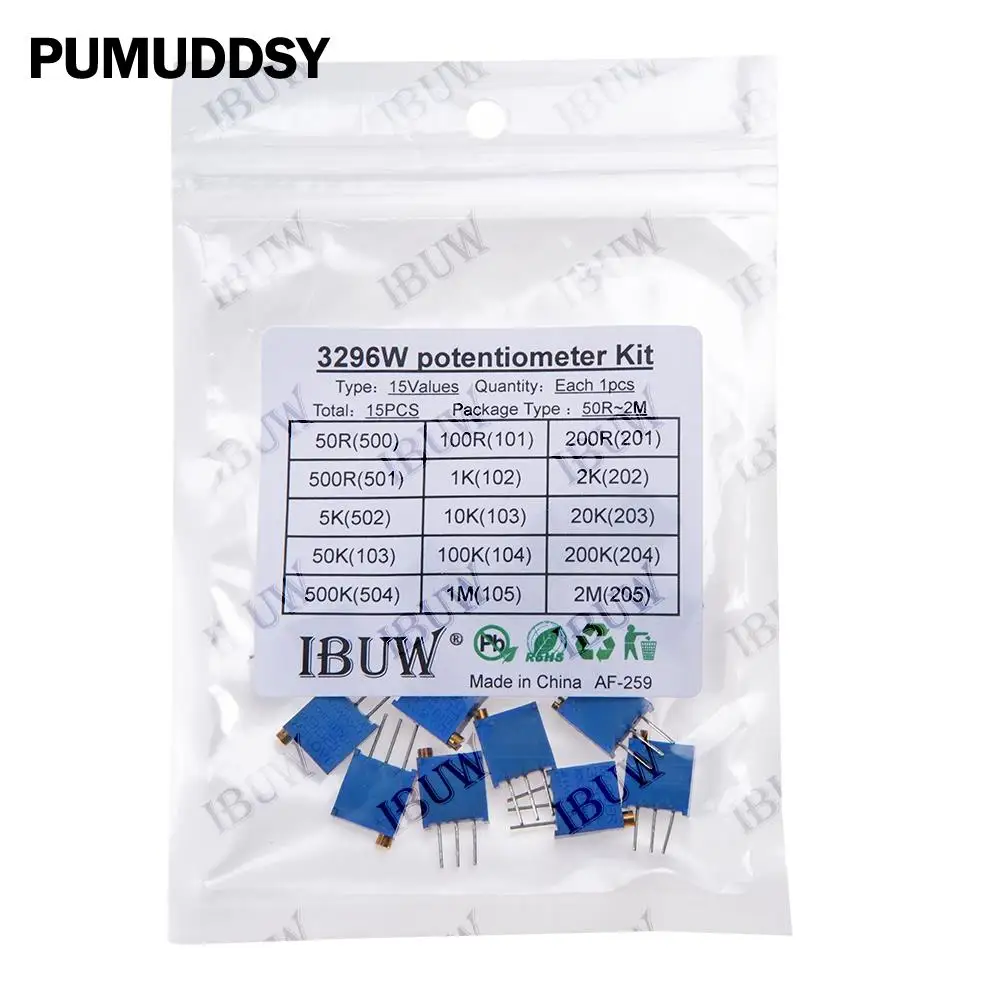 

Набор потенциометров 3296W, 15 шт., 15 значений (50R-2MΩ) для высокоточной отладки схем и калибровки электронных устройств 50R 2MΩ