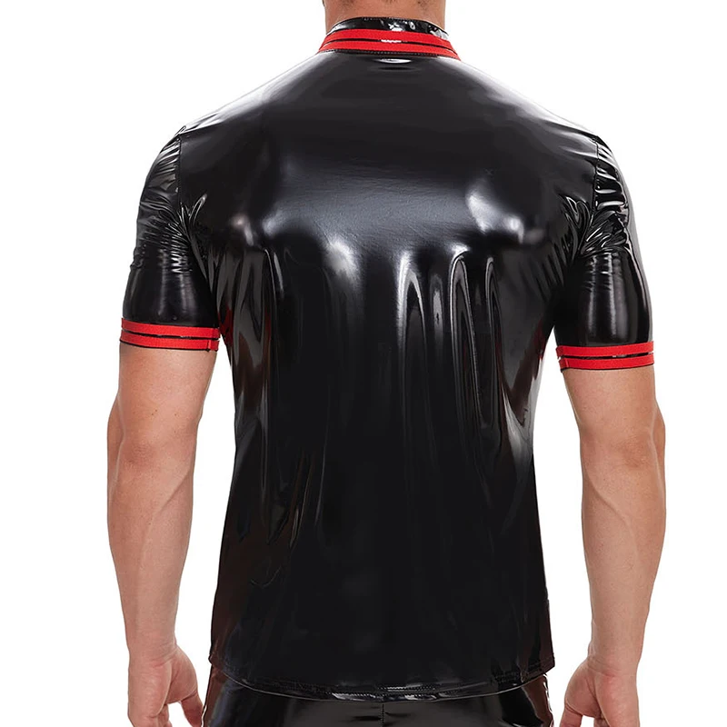 Men PU Leather PVC T-shirts Shiny Button O-neck Shirts Fitness Tight Shorts Sleeve Latex T Shirts Gothic Nightclub Costumes 7XL