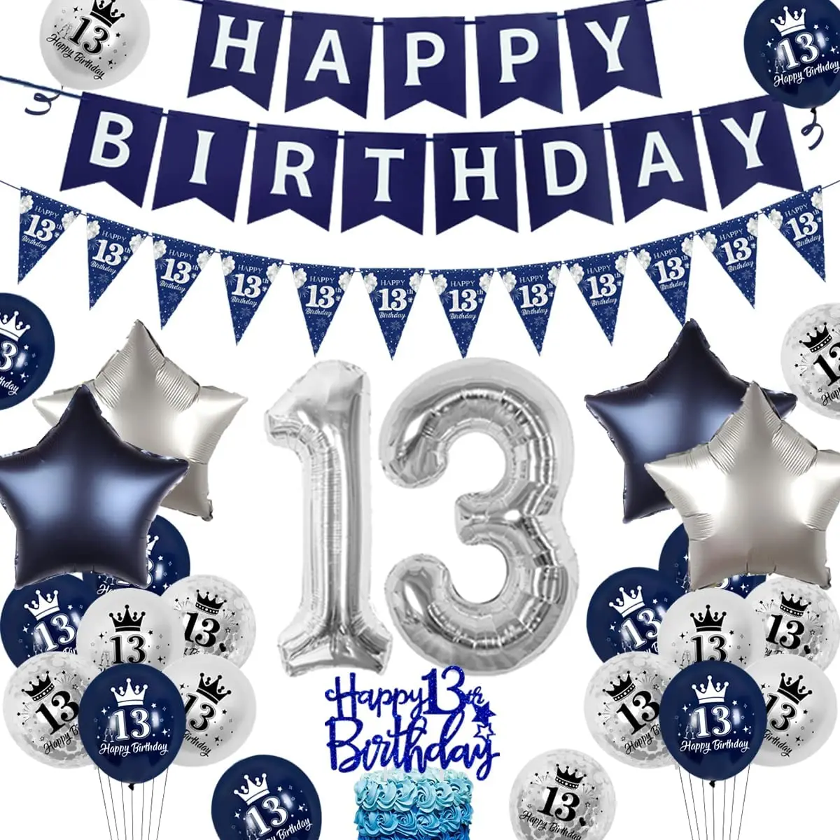 

13th Birthday Decorations for Boys Girls Navy Blue Silver Happy 13th Birthday Party Supplies Triangle Flags Balloons Cake Topper