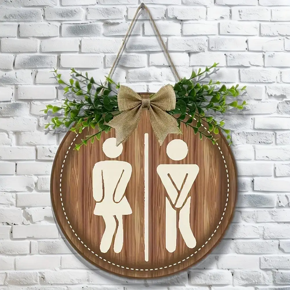 Wooden Toilet Sign Artificial Green Leaves Wall Decor Bathroom Sign Gender Tags Rustic Bathroom Guide for Cafe Restaurant Bar