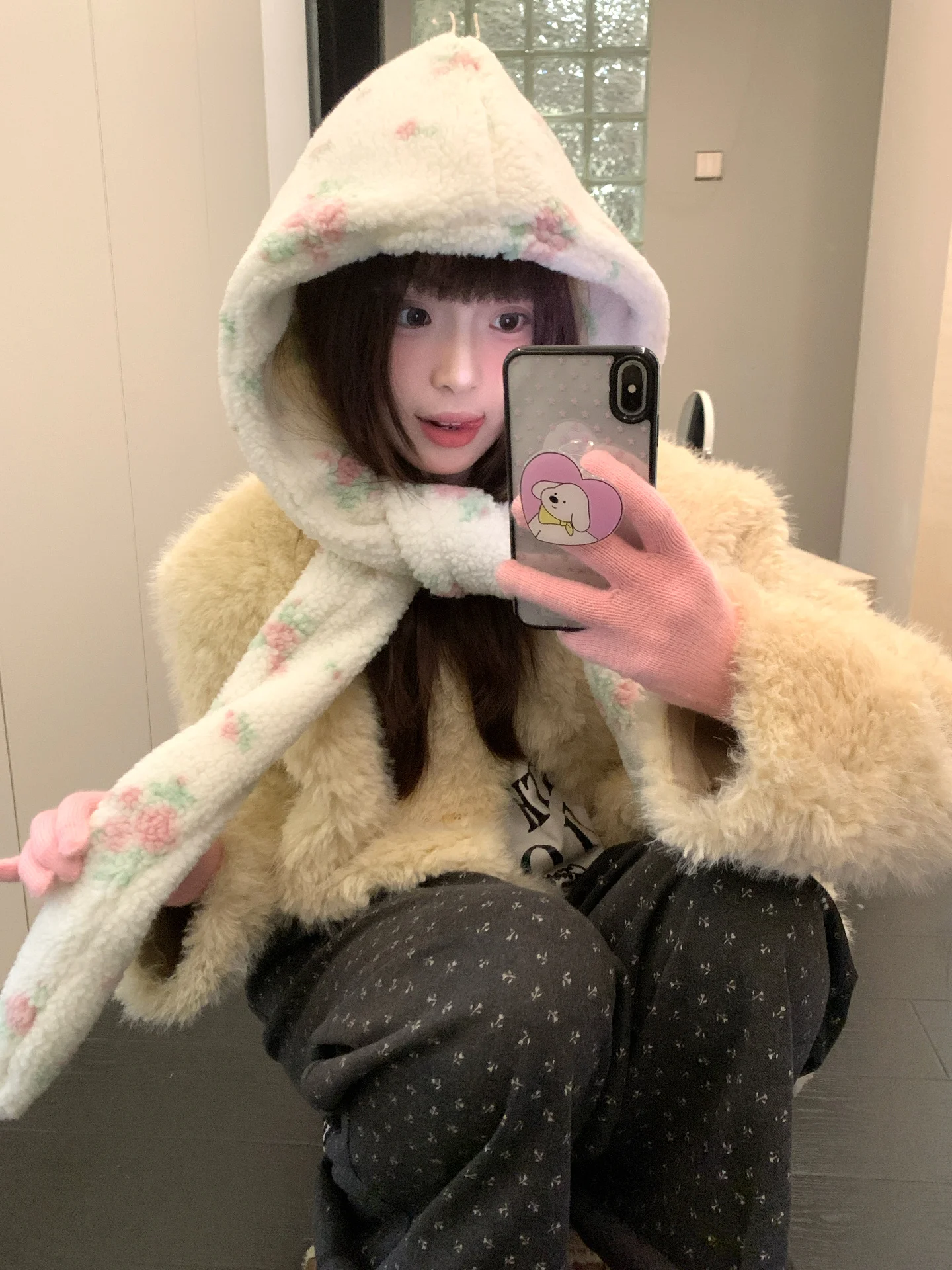 Han Style Flower Balaclava For Women Warm Ear Hat With Scarf For Big Head In Winter