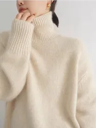 2024 Jesień Zima Nowy Gruby Kaszmirowy Sweter Damski Turtleneck Pullover Tops Solidny Ciepły Leniwy Luźny Dzianinowy Sweter Casual Base