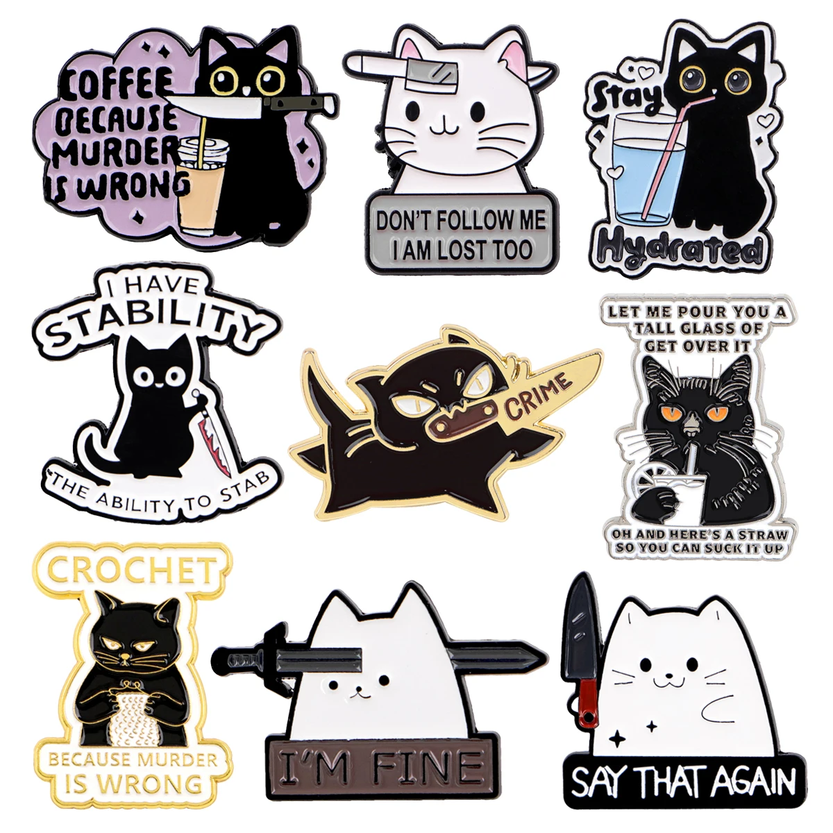 Mix 9 teile/satz Katze Zitate Emaille Pin Broschen Anstecknadeln Abzeichen auf Rucksack Tücher Zubehör Modeschmuck Geschenke für Freund