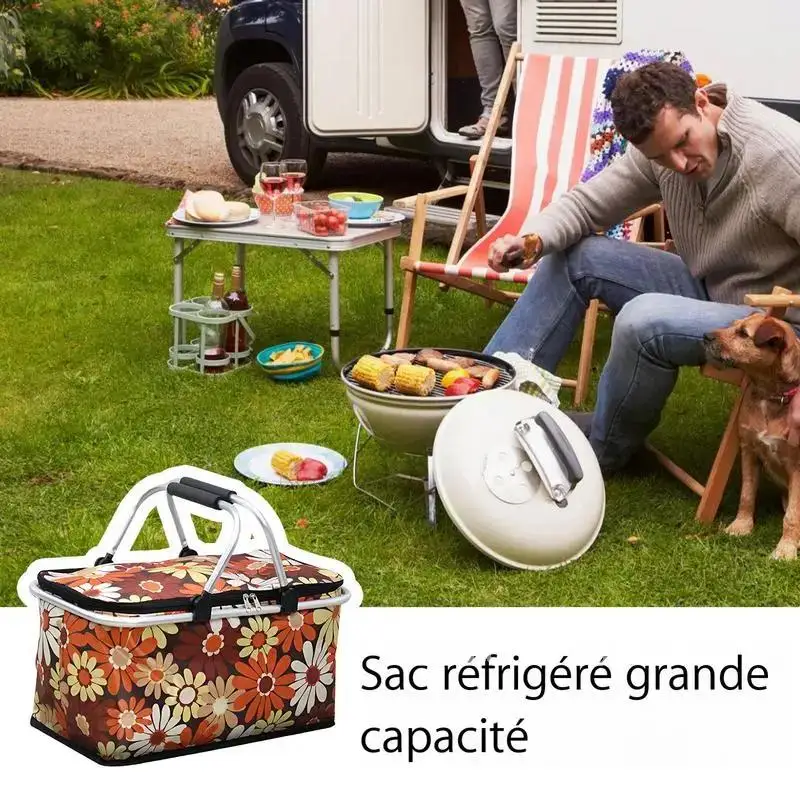 

Insulated Cooler Basket 30L Portable Folding Shopping Basket With Bags Outdoor Basket Reusable Storage Handles Picnic For Beach