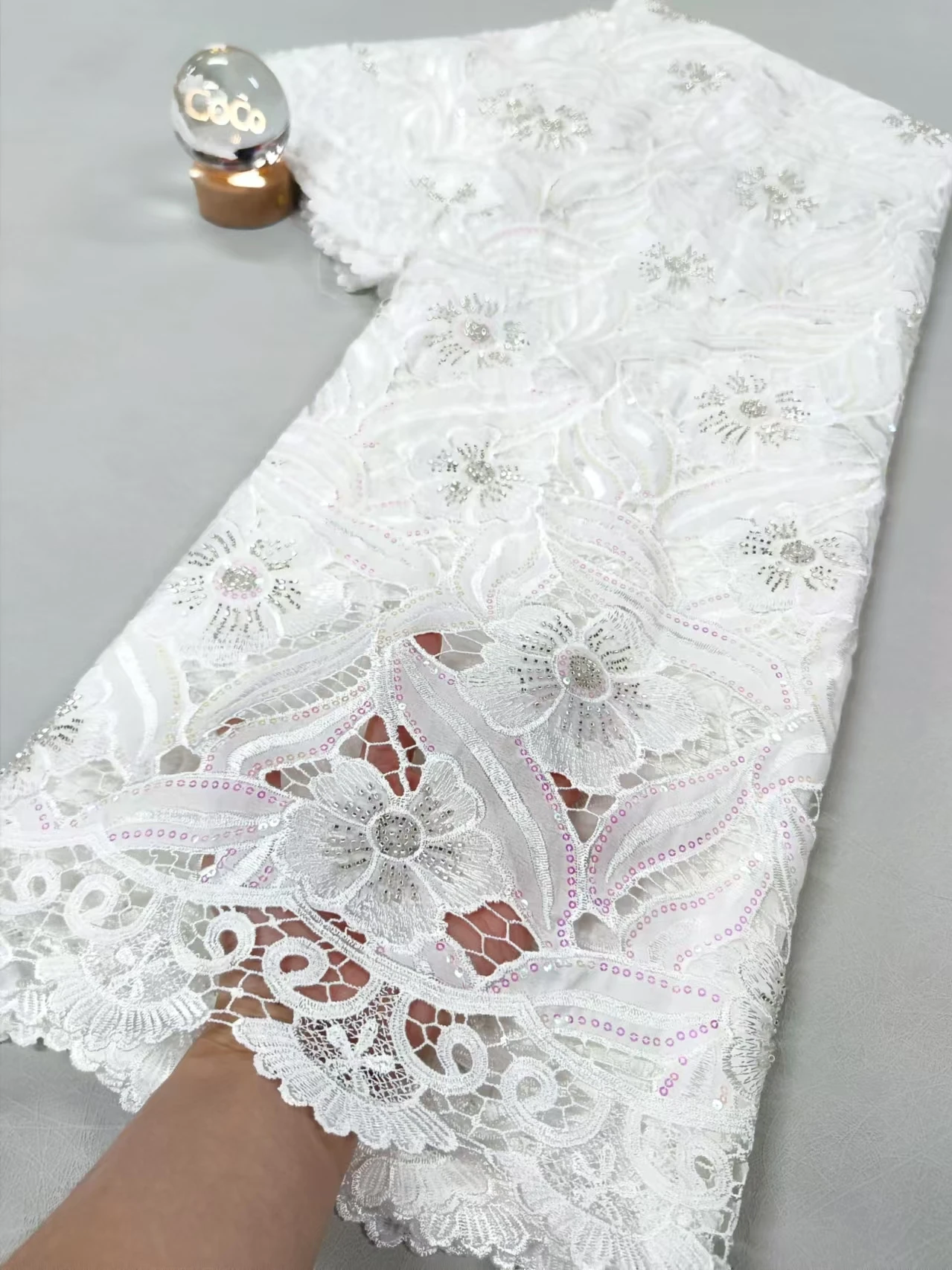 Africa Nigerian Sequins Cotton Embroidery Lace Fabric, Tulle Wedding Party Dress, High Quality, 5Yards, 2025, Chiffon, XL046