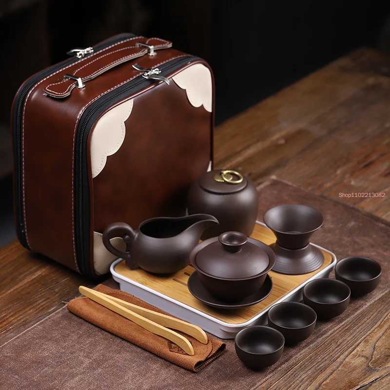 Outdoor Travel Tea Set Purple Clay Portable Teapot Set Gaiwan Tea Cups of Tea Ceremony Teacup Fine Gift Organizer Cup Set