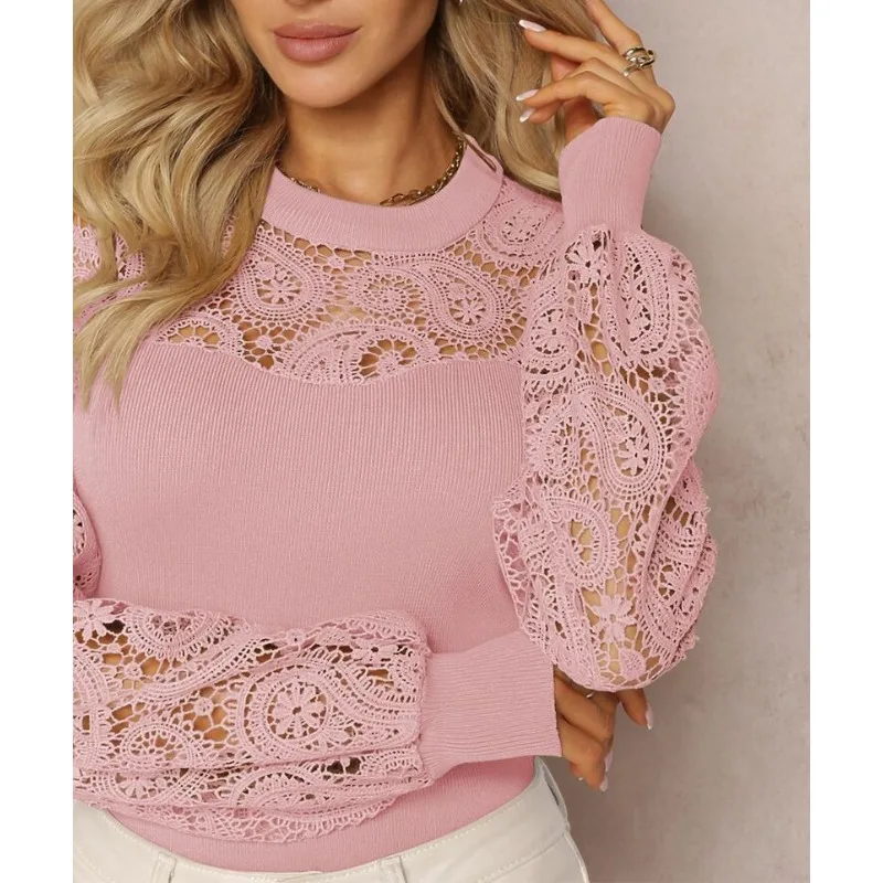 

2026 Spring New Lace Splicing Hollow Long-sleeved T-shirt High-quality Commuter Women's Clothing Intellectual Women