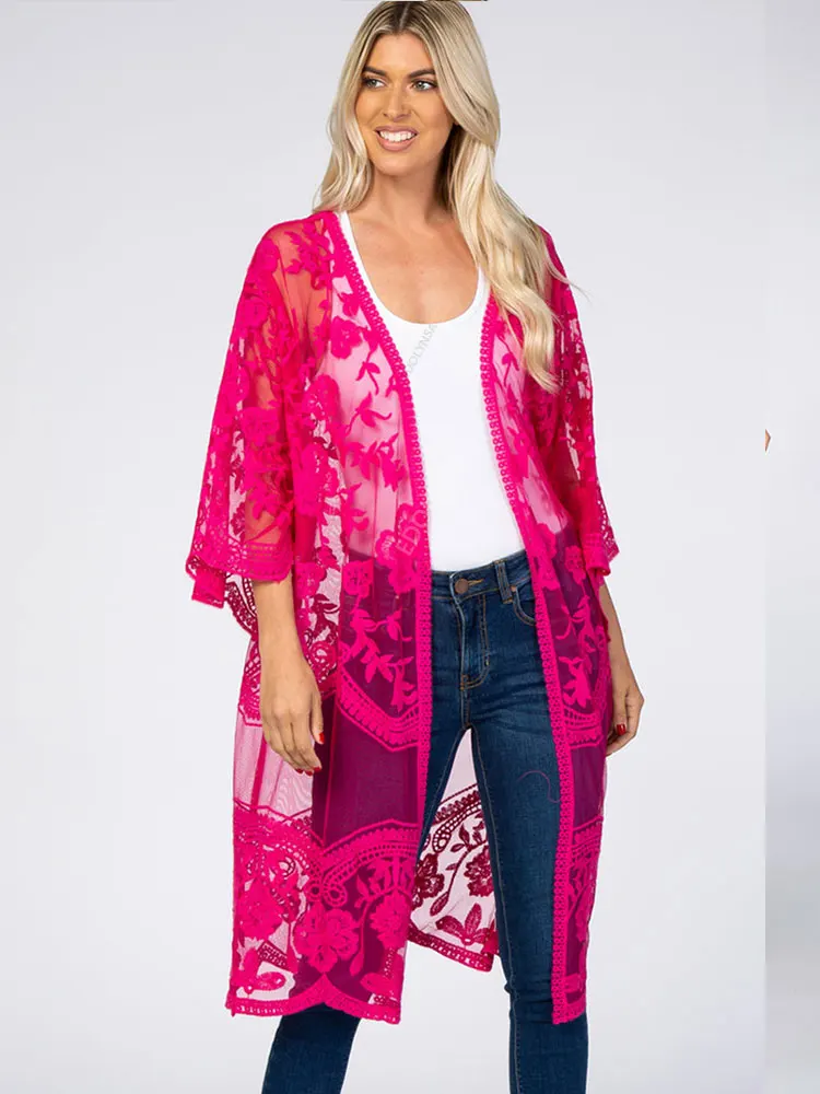 Sexy See Through Lace 2023 Summer Woman Beach Wear Long Kimono Front Open Wrap Dress Bohemian Style Half Sleeve Dresses Q894