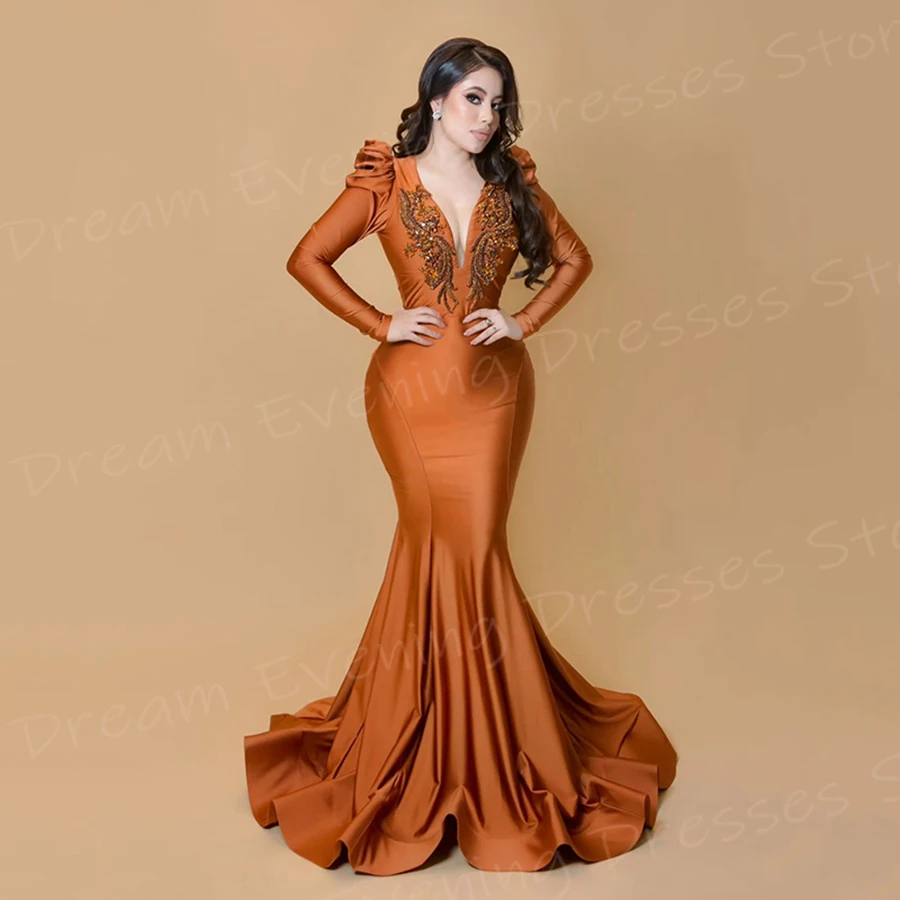 Charming Deep V Neck Mermaid Graceful Women's Evening Dresses Generous Long Sleeve Prom Gowns Appliques Ruched Vestido De Noche