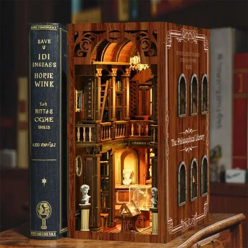 The Philosophical Library DIY Wooden Book Nook Shelf Insert Miniature Model Kits Bookshelf Bookend for Friends Birthday Gifts