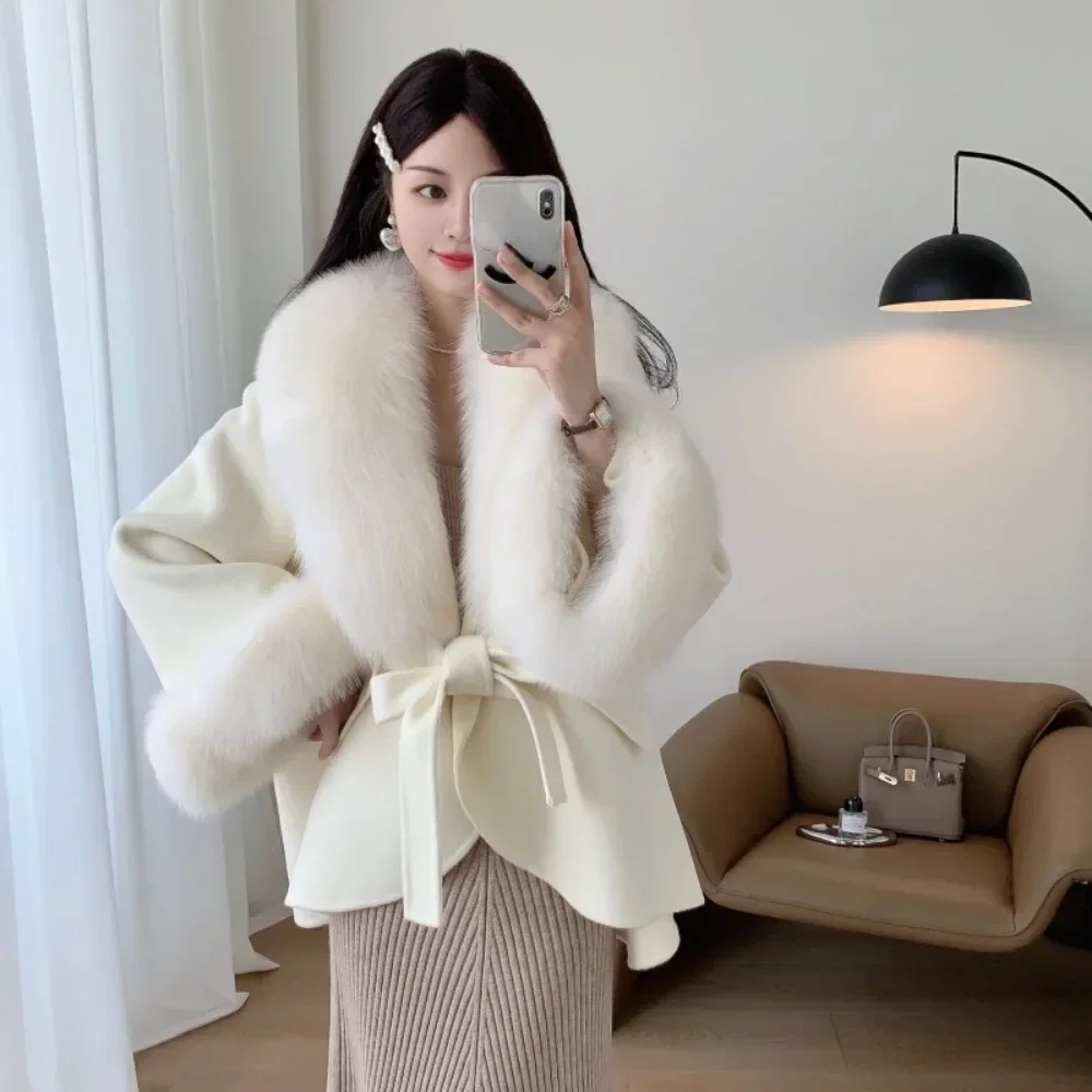 Real Big Fur Coat Women Detachable Collar Woolen Jacket New Fashion Winter Autumn Loose Cashmere Blends Luxury Fashion Cloak