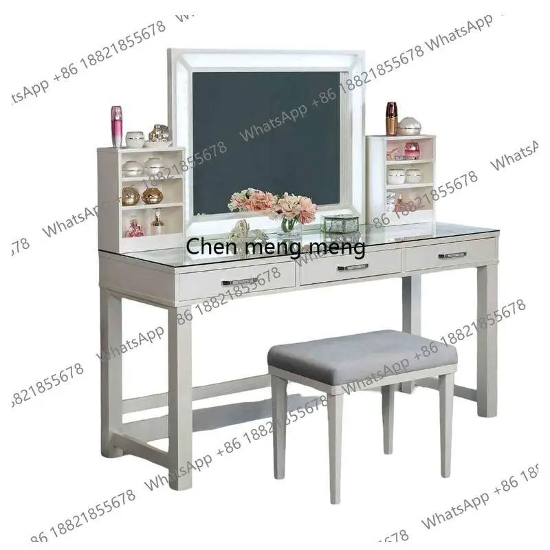 Glam Style Vanity Set with Stool, Tempered Glass Top, Central Mirror, Storage Drawers, Padded Stool, Luminous White Finish