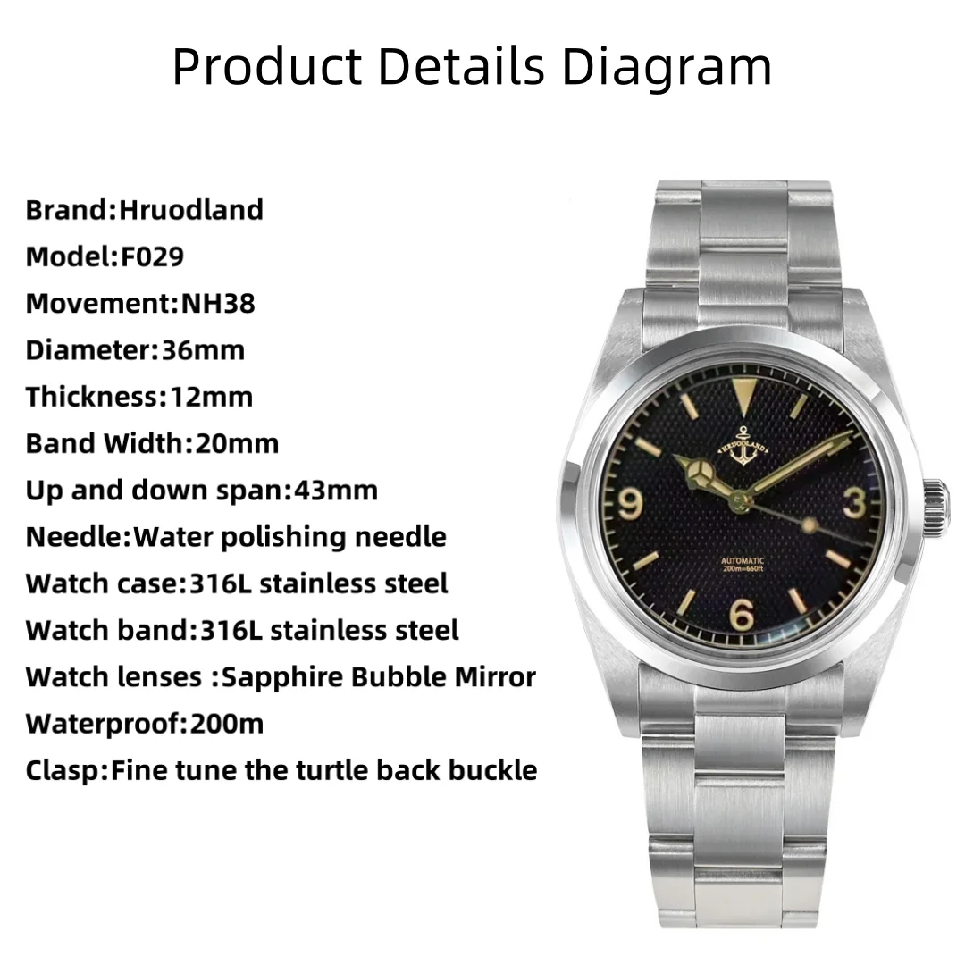 Hruodland 2025 New Men\\\'s Automatic Mechanical Watch NH38 36mm Sapphire Glass Stainless Steel Waterproof 20Bar Reloj Hombre