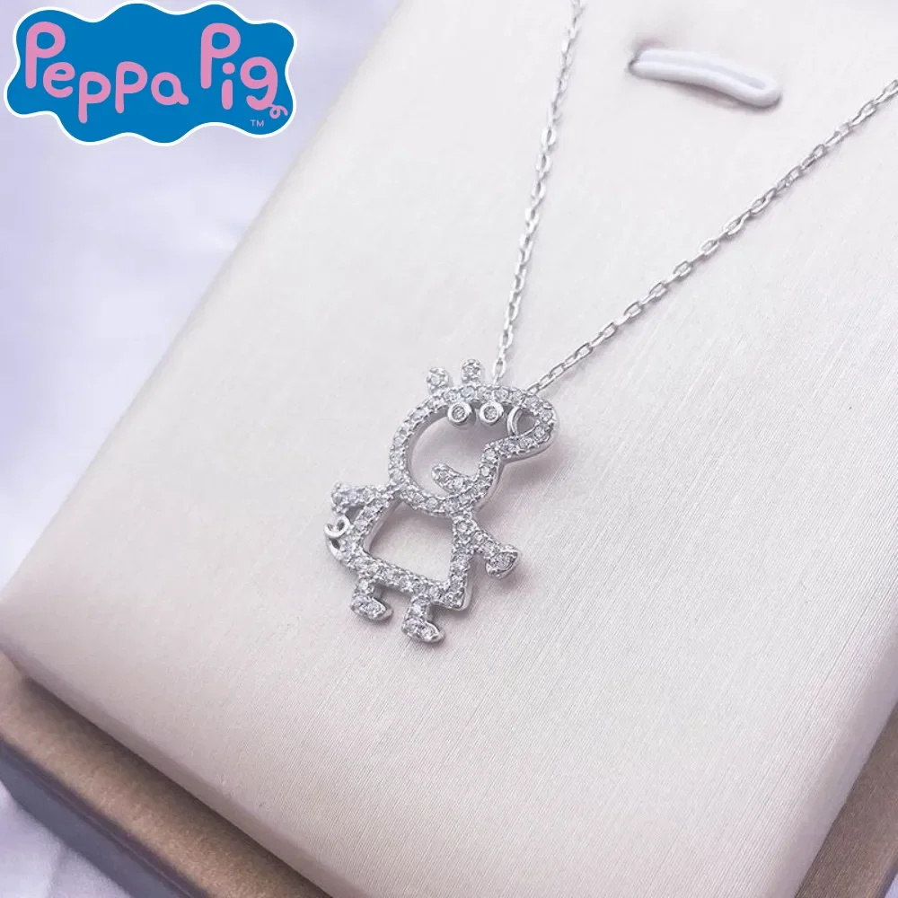 New Kawaii Peppa Pig Sparkling Diamond Necklace Anime Cartoon Cute Sexy Clavicle Chain Girl Ring Jewelry Holiday Birthday Gifts