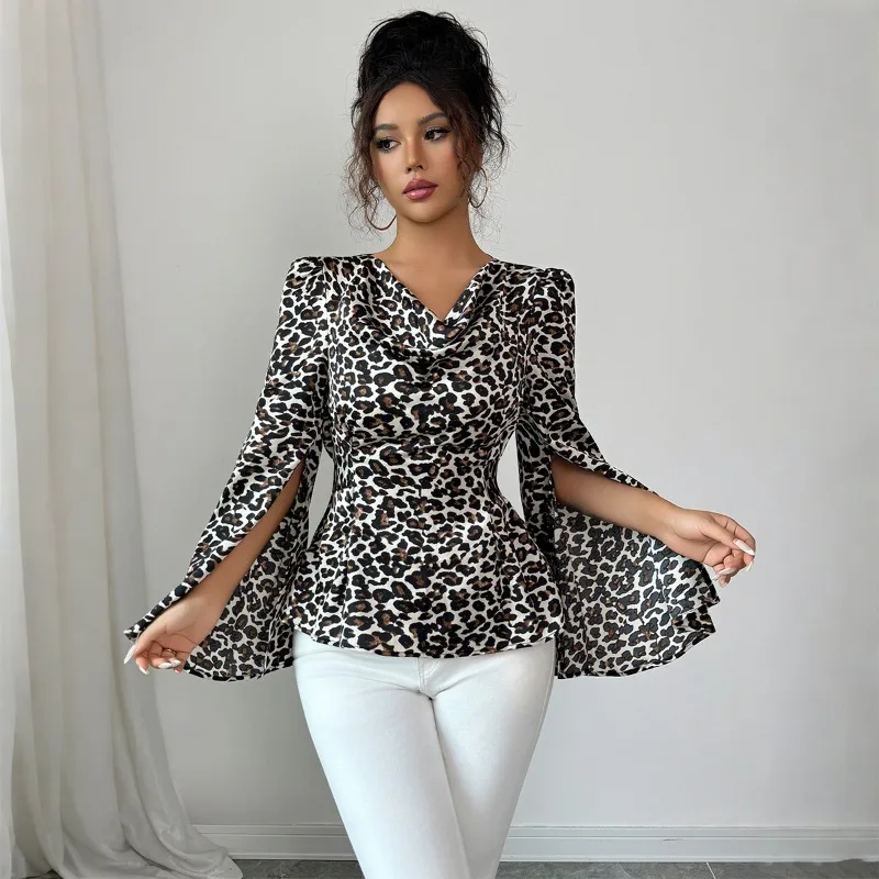 

Офисные женские блузки с леопардовым принтом, повседневные рубашки, модные облегающие весенне-летние одежды с v-образным вырезом, женские топы с длинными рукавами
