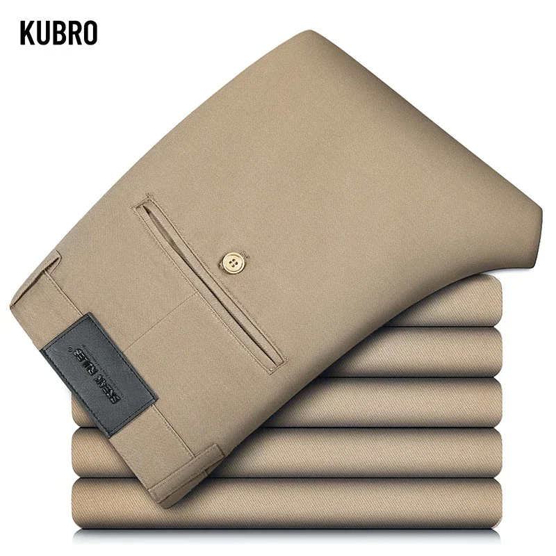 KUBRO Spring Autumn Brand Straight Suit Pants Men Business Fashion Khaki Black Blue Grey Solid Color Formal Trousers Large Size