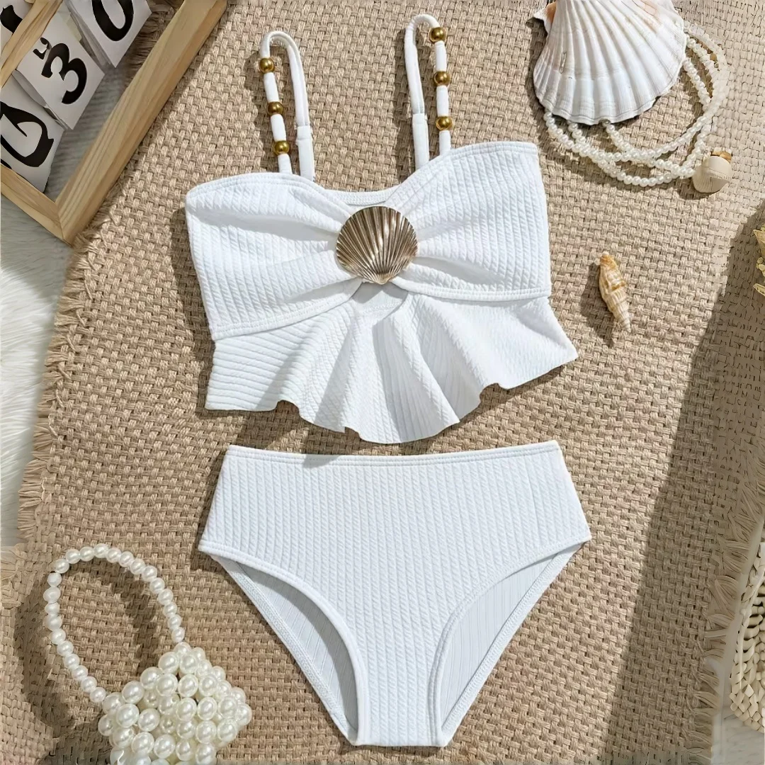 2026 Cute Ruffled Hem Kids Girl Swimwear Bathing Suits Summer Beach Swimming Baby Girl 2pcs Tankini 2pcs Swimsuits 4Y To 7Y