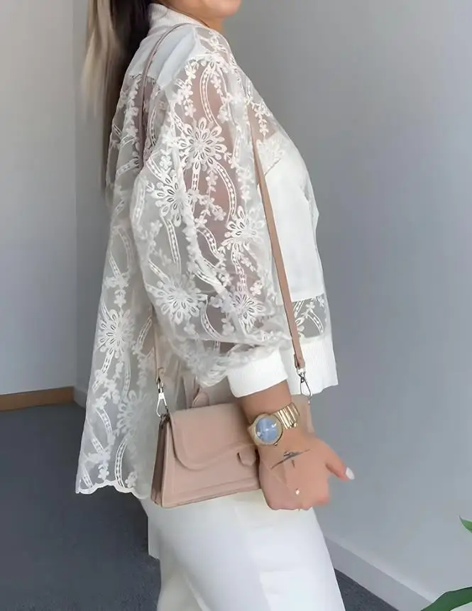 Flower Lace Embroidered Mesh Patch Baseball Jacket with Casual Zipper, Autumn Women's Elegant and Fashionable Lace Jacket