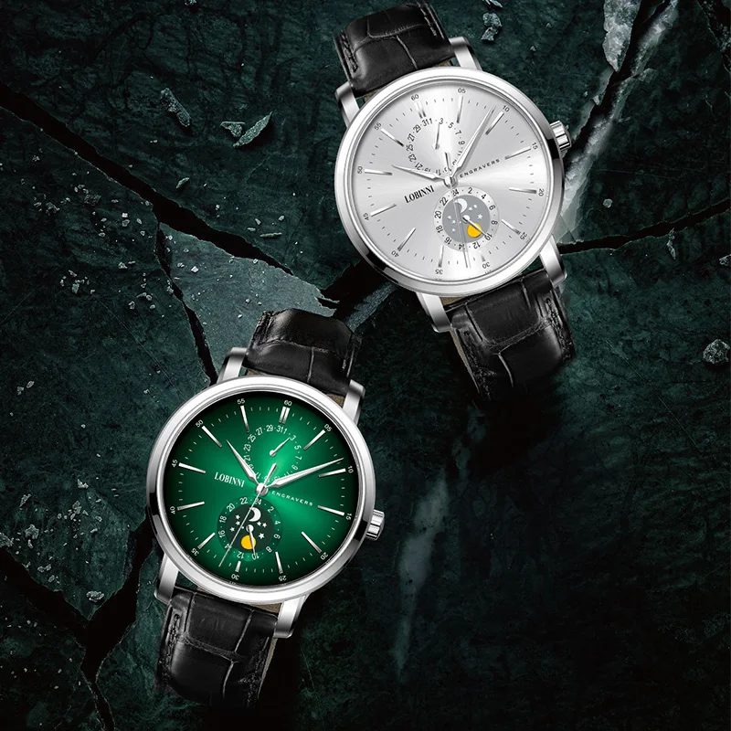 LOBINNI Men Quartz Watch 42mm Wristwatch Waterproof Luminous Sapphire Mirror Date 24 Hours Sun-Moon Dial