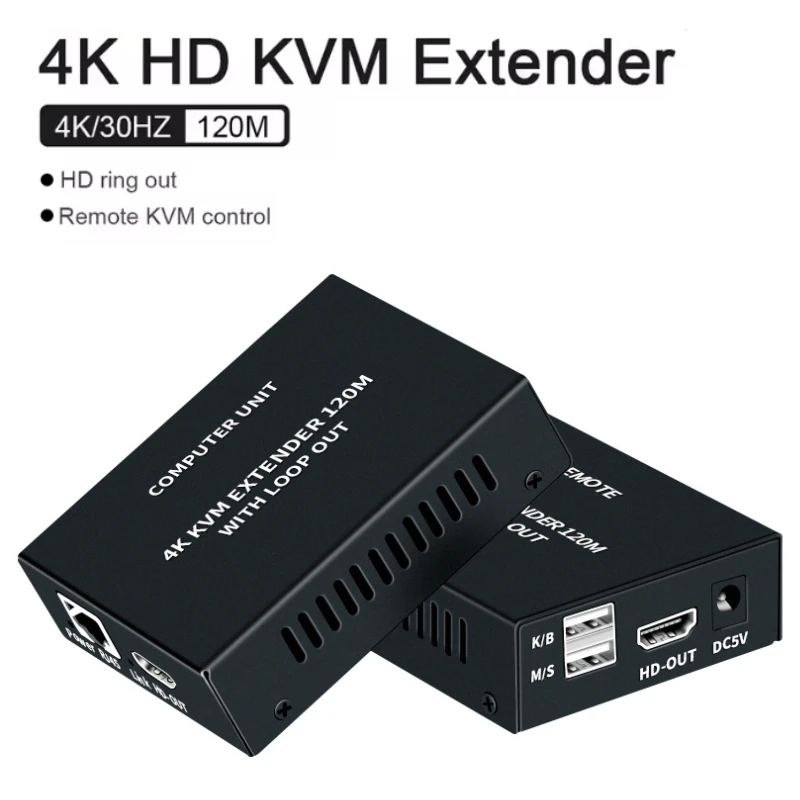 4K 120M HDTV KVM Extender 120M Over RJ45 Ethernet Cat5e/6 HD USB Extender Transmitter and Receiver Kit for USB Mouse Keyboard