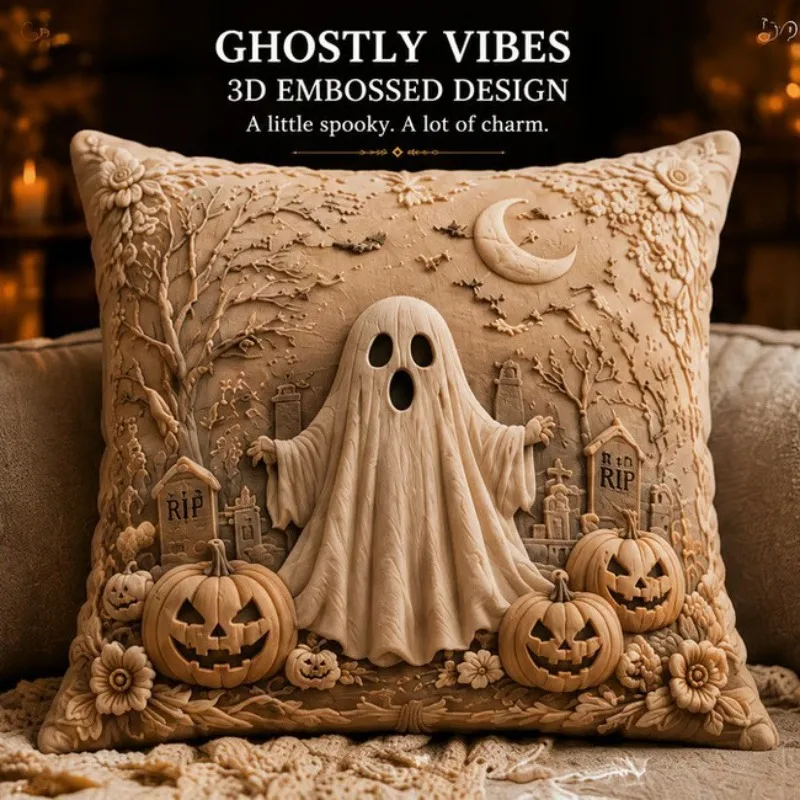 Pumpkin Ghost Body Pillow Cover Print Ghost Flocked Bats Halloween Decorative Pillow Cases for Holiday