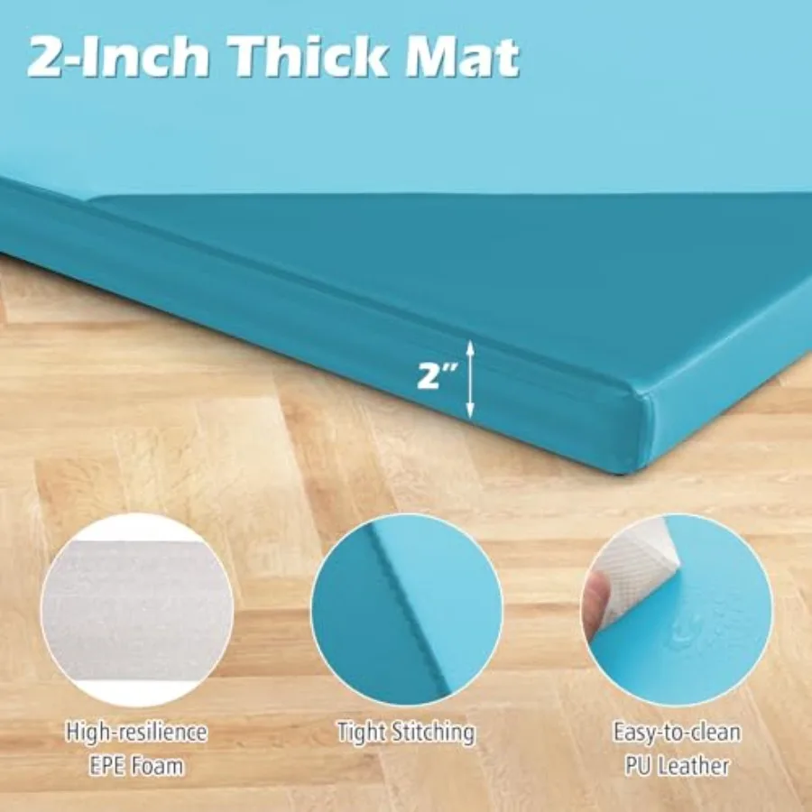 Gymnastics mat for stretching yoga cheerleading martial arts: 4'x10'x2 4-panel folding portable EVA foam blue hook loop fastene