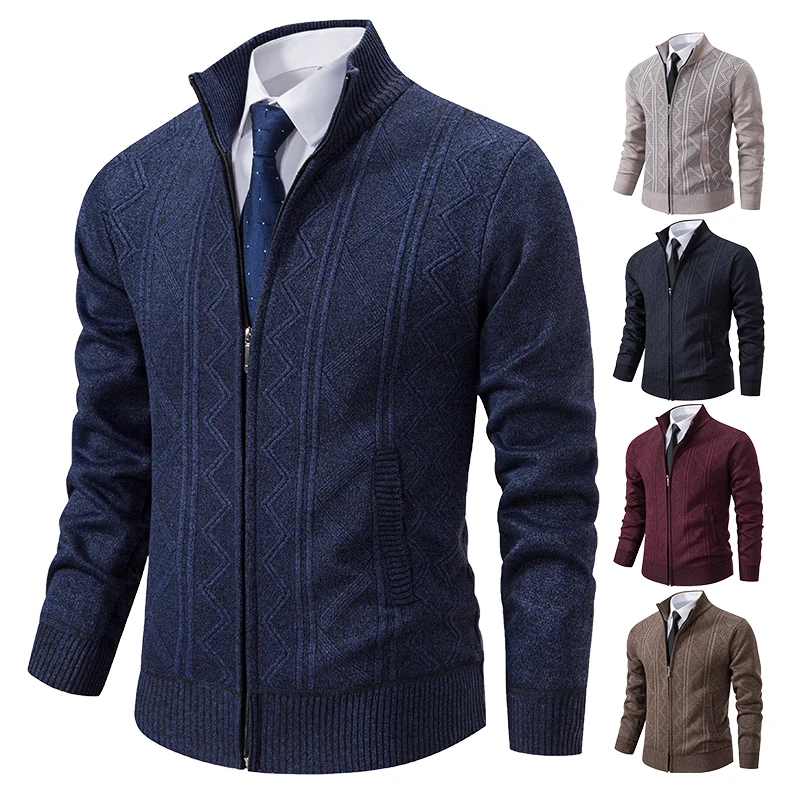 

2026 Thickened Jacket Men's Autumn and Winter Warm Trend Line Stand Collar Knitted Cardigan Sweater Coat
