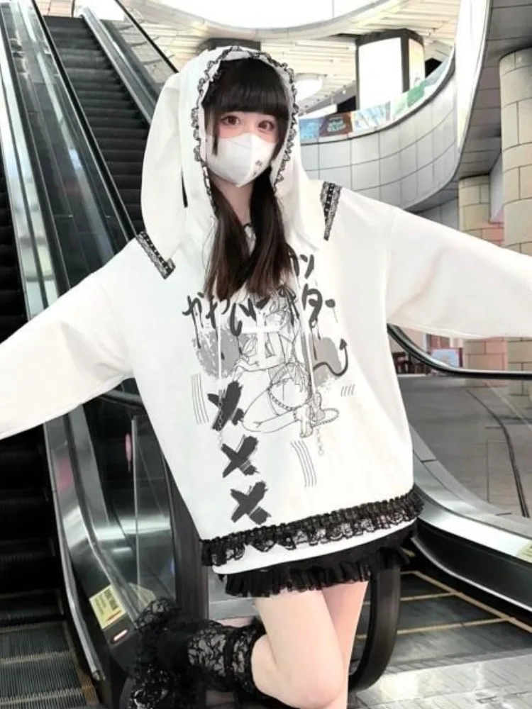 Y2k Aesthetic Hoodies Women Harajuku Print Lace Patchwork Vintage Loose Hoodie Casual Drawstring Sweatshirt Female Grunge Coats