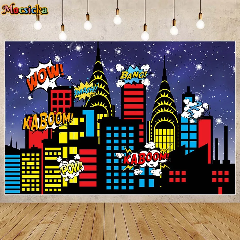 Mocsicka Superhero Birthday Backdrop Cartoon City Building Night Scene Boys Girl Birthday Party Decor Background Banner Supplies